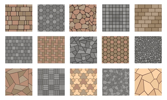 Floor stone pattern. Pavement tile of stone, bricks and concrete, road sidewalk and garden patio ground, outdoor paving plan. Vector path tile top view. Illustration of brick floor pavement