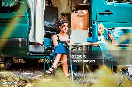 istock Woman working on laptop camping in a van 1413040159