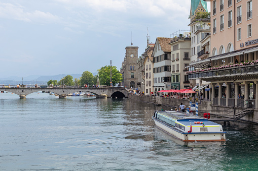 Zurich, Switzerland, 2022.07.28: High angle view of city center and Limmat river