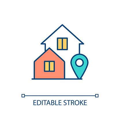 Home location RGB color icon. Real estate and property. City infrastructure. Navigation and address. Isolated vector illustration. Simple filled line drawing. Editable stroke. Arial font used