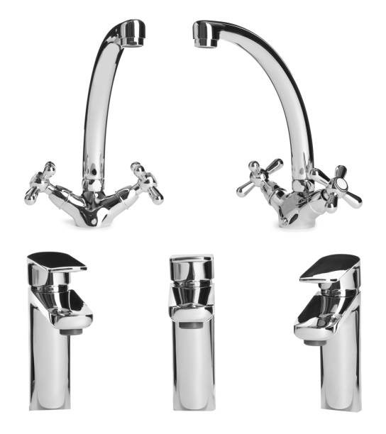 istock Set with new water faucets on white background 1413041391