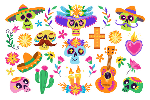 Mexican Dia de los Muertos cliparts. Colorful background with 24 cliparts to celebrate the Mexican Day of the Dead. Isolated elements, perfect for sticker designs, online posts, party events.