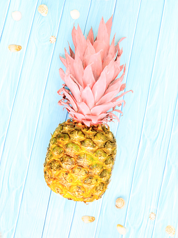 Creative summer layout made of pineapple with pink leaves and shells against blue wooden background. Original pineapple decoration. Creative summer idea. Minimal style. Fruit concept. Copy space.