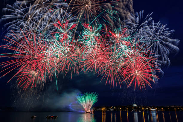 istock Colorful fireworks on the water. 1413043232