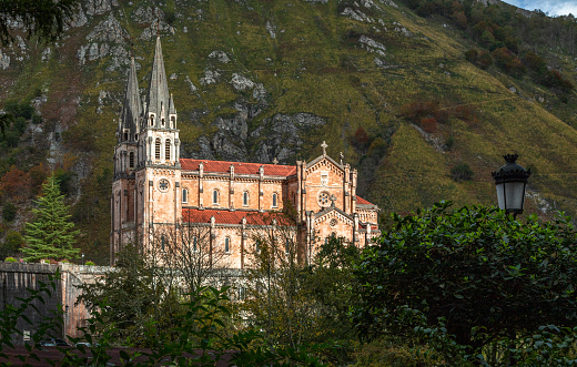 Panoramic view of this great monumental temple built from 1877 to 1901, with a neo-Romanesque style and is made of pinkish marble stone extracted from the mountains of Covadonga