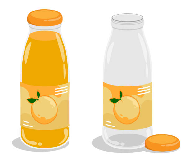 ilustrações, clipart, desenhos animados e ícones de garrafa de plástico ou vidro com suco de laranja. garrafa cheia e vazia com boné e etiqueta. vetor de desenho animado isolado em fundo branco - packaging horizontal non alcoholic beverage orange juice