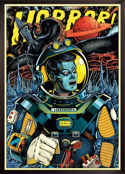 ilustraciones, imágenes clip art, dibujos animados e iconos de stock de astronauta en el espacio exterior, futurismo retro - póster de película