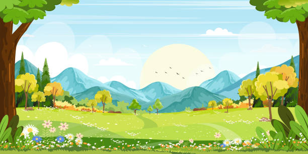 panoramiczny widok na wiosenną wioskę z zieloną łąką na wzgórzach z błękitnym niebem, kreskówka wektor wiosna lub letni krajobraz, panoramiczne góry krajobrazowe z dzikimi polami kwiatowymi - beauty in nature blue cloud cloudscape stock illustrations