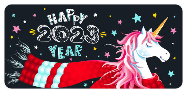 Cute New Year or Christmas greeting card with unicorn, scarf and stars on black background. Lettering Happy 2023 Year. Cartoon character. Horizontal holiday vector background, calendar cover vector art illustration