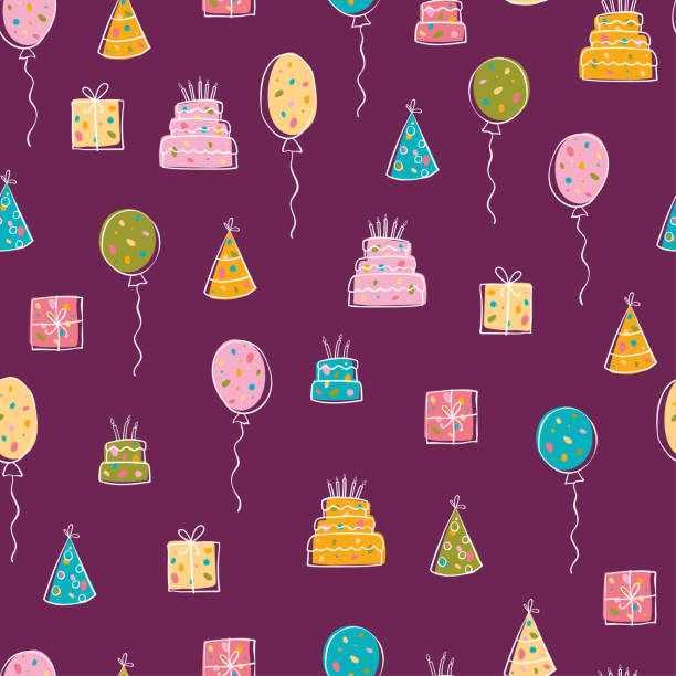 ilustrações de stock, clip art, desenhos animados e ícones de fun hand drawn party seamless background with cakes, gift boxes, balloons and party decoration. great for birthday parties, textiles, banners, wallpapers, wrapping - vector design - party hat birthday confetti streamer
