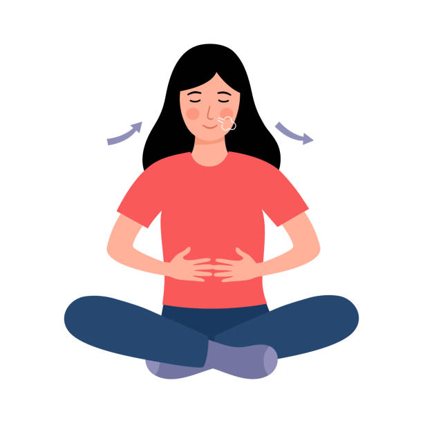 Woman practicing breathing exercise in flat design on white background. Woman practicing breathing exercise in flat design on white background. breath vapor stock illustrations