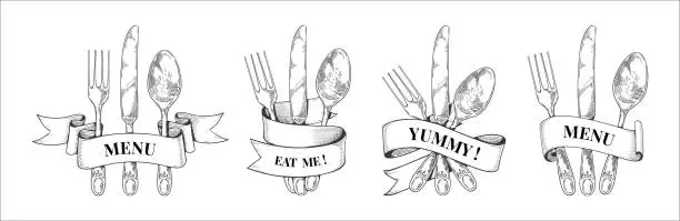 Vector illustration of Vintage cutlery logo. Silverware and curled ribbon. Retro sketch. Fork and knife for dinner. Banner with hand drawn spoon with waving tape. Restaurant menu. Vector monochrome isolated set