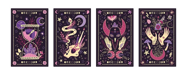 Tarot card frame. Magic eye background with esoteric moon, mystic posters with astrology elements, boho style occult spiritual symbol and celestial sign. Violet background. Vector design illustration