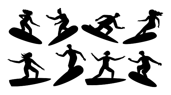 Surfer silhouettes. Surfing person with wave and surfboard. Art board man and woman silhouets. Extreme black and white logo. Water sport. Summer vacation activity. Vector sportsmen isolated poses set