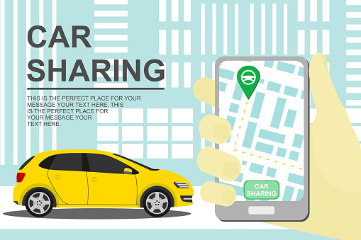 car sharing concept and smartphone with carsharing app. renting and carpooling banner on city background. rental auto service. automobile banner. vector Illustration 10 eps