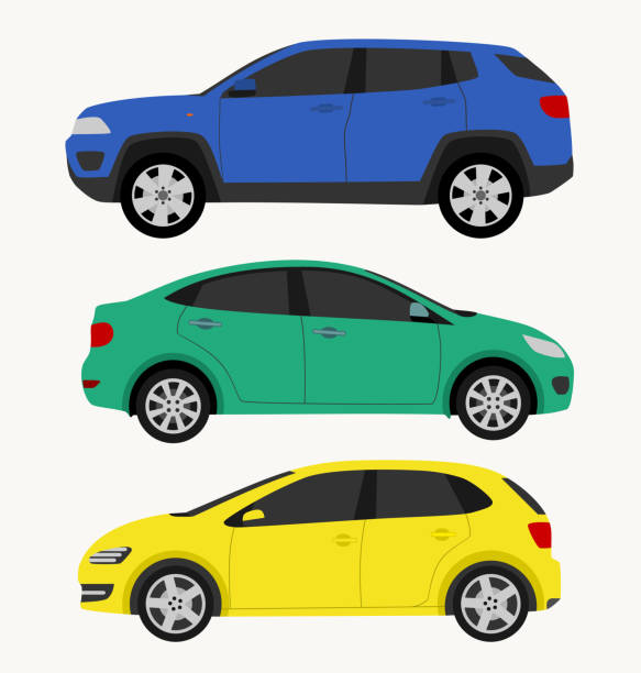 auto set flat colorful style isolated on white background auto set flat colorful style isolated on white background with hatchback, sedan, suv for app concept, pattern. automobile, transport, carsharing, taxi, rental, sport, car repair service. vector 10 eps sedan stock illustrations