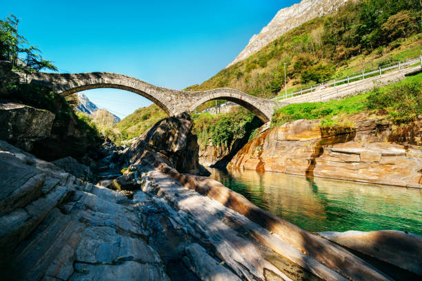 old roman bridge over turquoise river in the Verzasca valley in the Swiss Ticino Canton