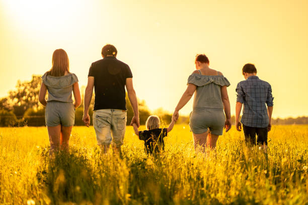 istock Family walking together on grass field against sky 1413051684