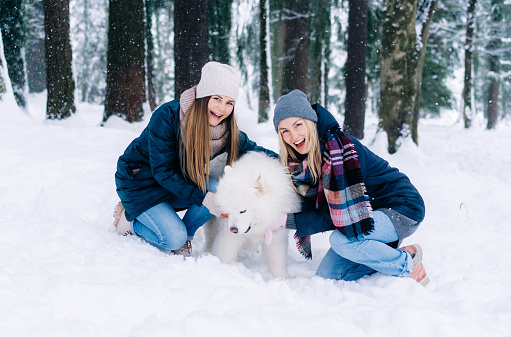 Two female friends walking in the park in the snow play with a dog.