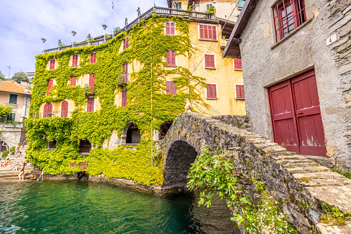 Houses covered with creepers in old town by lake against sky during sunny day