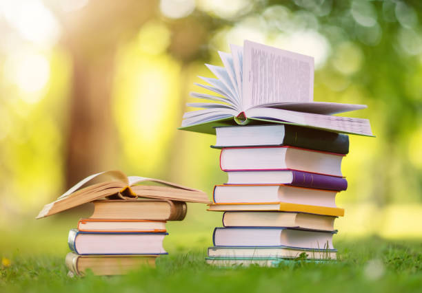 Stacks of the different books are on the green grass in the park stock photo