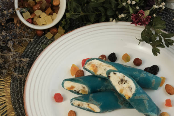 istock Colored fried pancakes. on a white plate. Turquoise and blue bliny. 1413054330