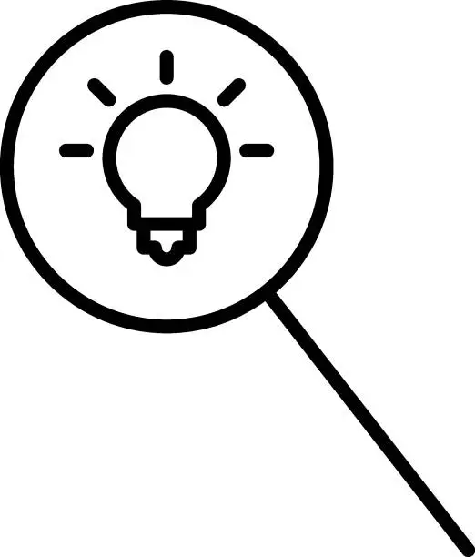 Vector illustration of Outline symbols in flat style. Modern signs drawn with thin line. Editable strokes. Suitable for advertisements, books, internet stores. Line icon of glowing light bulb under magnifying glass