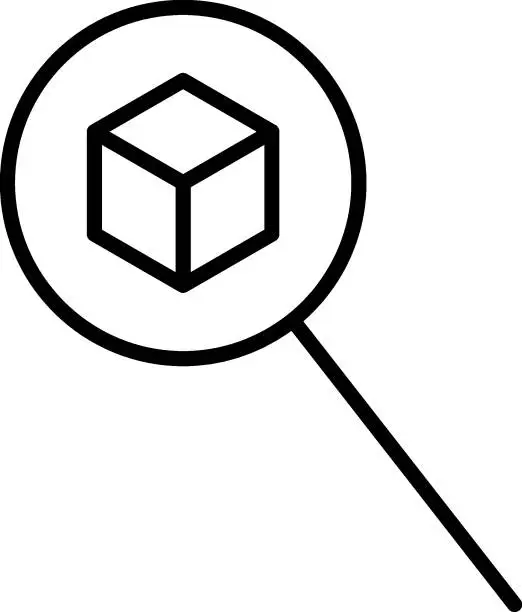 Vector illustration of Outline symbols in flat style. Modern signs drawn with thin line. Editable strokes. Suitable for advertisements, books, internet stores. Line icon of cube under magnifying glass