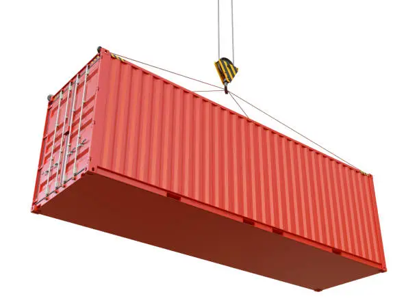 Metal freight shipping containers on the hooks at white background. 3d illustration