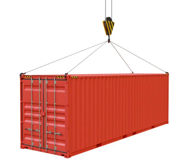 Metal freight shipping containers on the hooks at white background. 3d illustration