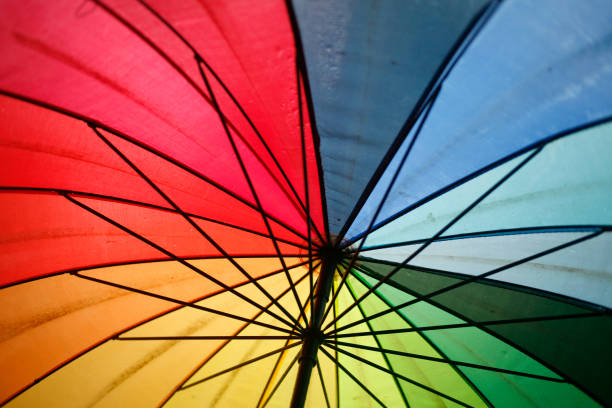 istock Bright colored rainbow umbrella in the rain autumn weather 1413054945