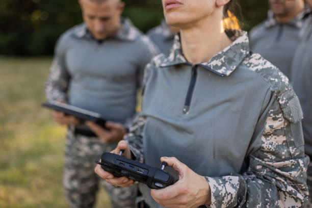istock Woman from the military team, driving the drone while using drone remote control 1413055009