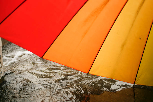 Bright colored rainbow umbrella in the rain autumn weather