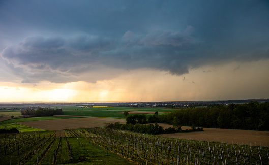 Scenic view of vineyard with rural landscape against cloudy sky during stormy weather