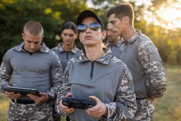 istock Woman from the military team, driving the drone while using drone remote control 1413056259