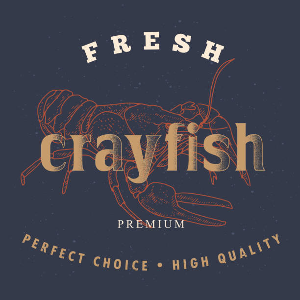 Label with crayfish in the style of an old worn engraving Crayfish logo template on a dark background. Retro label for the menu of fish restaurants, markets and shops. Vintage vector illustration crayfish in the style of an old engraving. crayfish animal stock illustrations