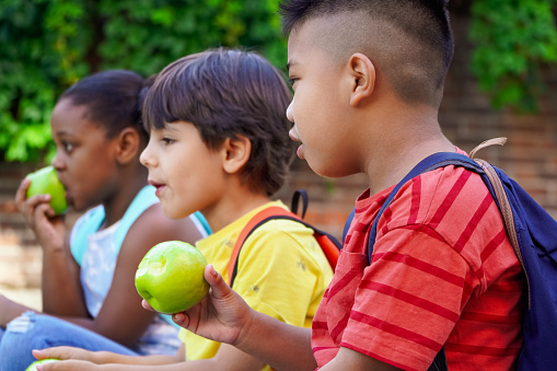 multiethnic kids with backpacks sitting on the street at school entrance eating apples and talking. Back to school concept. Multiethnic children group