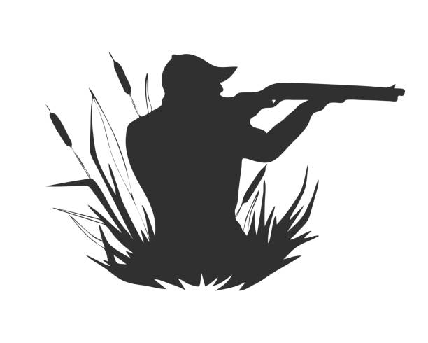 sylwetka łowcy kaczek, zarośla trzciny, ikona, logo, etykieta, izolowana na białym tle. - hunting rifle sniper duck hunting stock illustrations