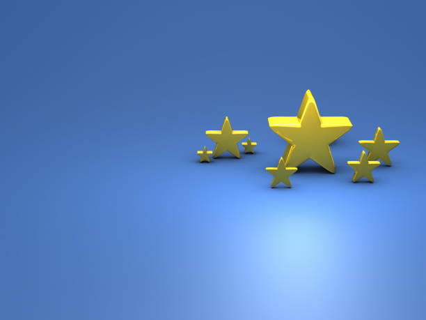 istock Gold star ornaments of various sizes. Abstract concept representing talent and ability. cool blue background. 3D rendering. 1413057459
