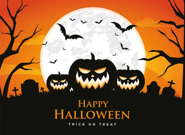 Vector illustration of Orange halloween banner with pumpkin and bats.