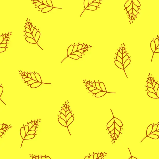 Vector illustration of Ripe colored spike pattern seamless, brown spikelet on yellow background. Sheaf of ears of wheat spikelet illustration