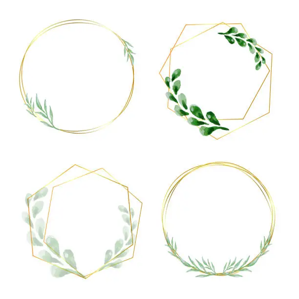 Vector illustration of Set of frames. Golden delicate frame with green spring watercolor floral illustration leaves on a white background. Geometric line circle design elements.