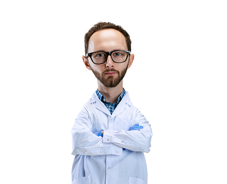Serious scientist. Funny man with a caricature face isolated over white background. Cartoon style character with big head. Concept of business, jobs, humor, funny meme emotions.
