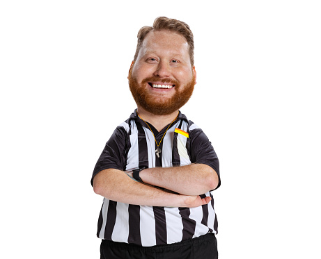 Smiling referee. Funny man with a caricature face isolated over white background. Cartoon style character with big head. Concept of business, jobs, humor, funny meme emotions.
