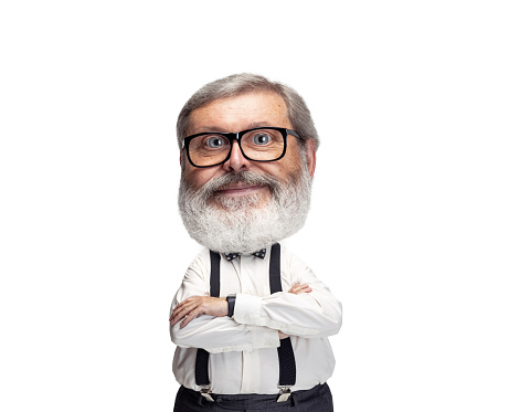 Kind professor. Funny man with a caricature face isolated over white background. Cartoon style character with big head. Concept of business, jobs, humor, funny meme emotions.