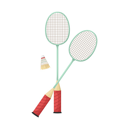 Vector illustration of two badminton rackets and a shuttlecock.