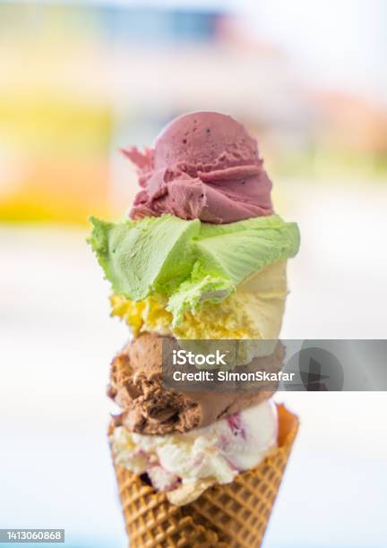 Ice Cream Cone With Different Flavor Scoops Stock Photo - Download Image Now - Ice Cream, Scoop Shape, Scooping