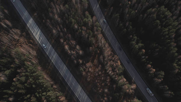 multiple lane highway road with traffic cars between autumn forest - multiple lane highway highway car field imagens e fotografias de stock