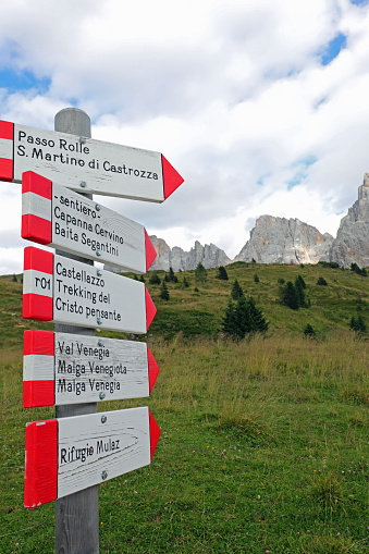 sign with directions and arrows to reach the Italian places in the Dolomites in northern Italy and the names of the refuges and places in the Alps