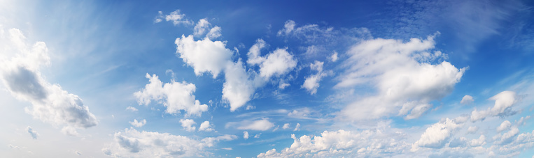 Panoramic view of the cloudy sky in spring. Beautiful background.